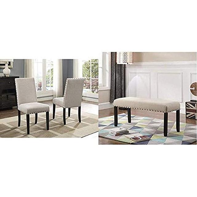 Roundhill Furniture Biony Tan Fabric Dining Chairs with Nailhead Trim, Set of 2 & Biony Fabric Dining Bench with Nailhead Trim, Tan