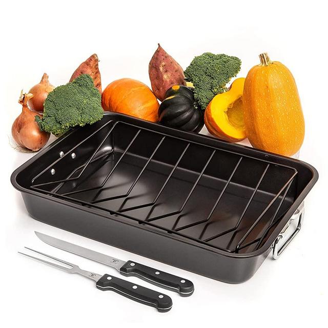Carbon Steel Roaster Pan With “V” Shape Removable Roasting Rack Set,18-Inch Rectangular Nonstick Roasting Pan, Turkey Roaster Pan Rack With Carving Fork & Chef Knife By Moss & Stone .