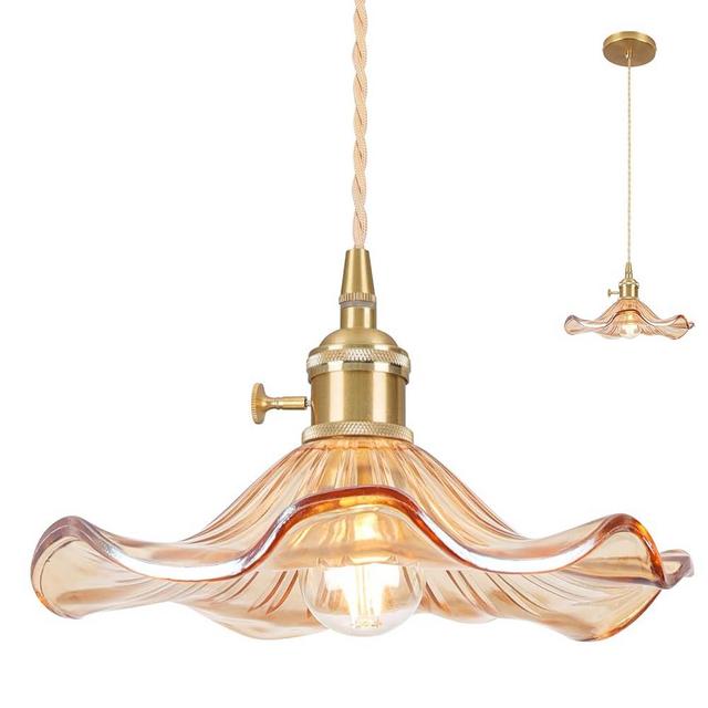 Loiogohot Glass Pendant Light Vintage Light Fixtures,Amber Modern Chandelier Pendant,E26 8.8" Adjustable Hanging Light,Flower Pendant Lights Kitchen Island for Farmhouse Entryway Dining Room 1 Light
