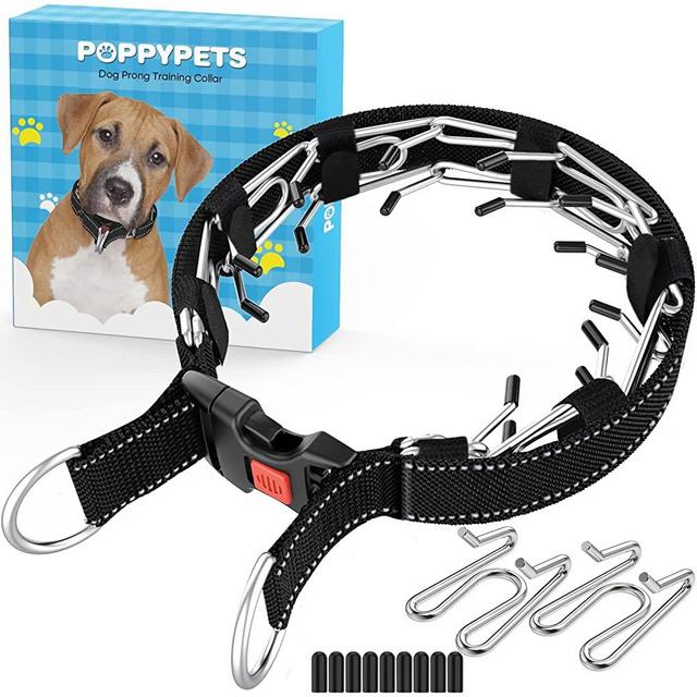 POPPYPETS Prong Dog Training Collar for Dogs with Rubber Tips, Stainless Steel Dog Collar for Large Dogs
