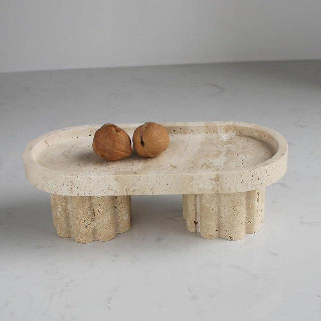 Natural Travertine Oval Tray with 2 Legs, 10" Vanity Decorative Tray for Countertop Organizer, Catchall Tray for Perfume, Candles, Jewelry Dish