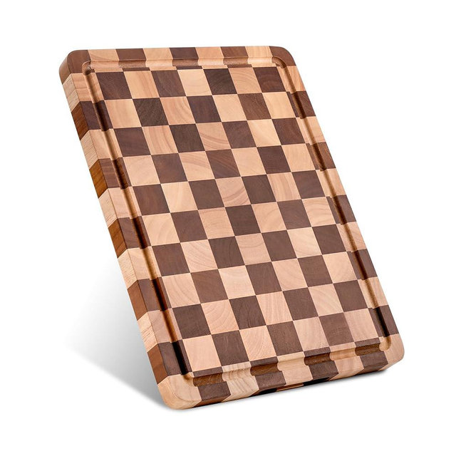 Checkered Cutting Board for Kitchen - Solid Wood End Grain Checkerboard Chopping Board with Handle & Juice Groove, Double Sided for Cooking, Serving and Decor, Rectangular 16" x 12" x 1"