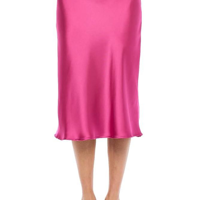Women Solid High Waist Silky Casual Elastic Satin Midi Skirt -Made in USA (Available in Plus Size)