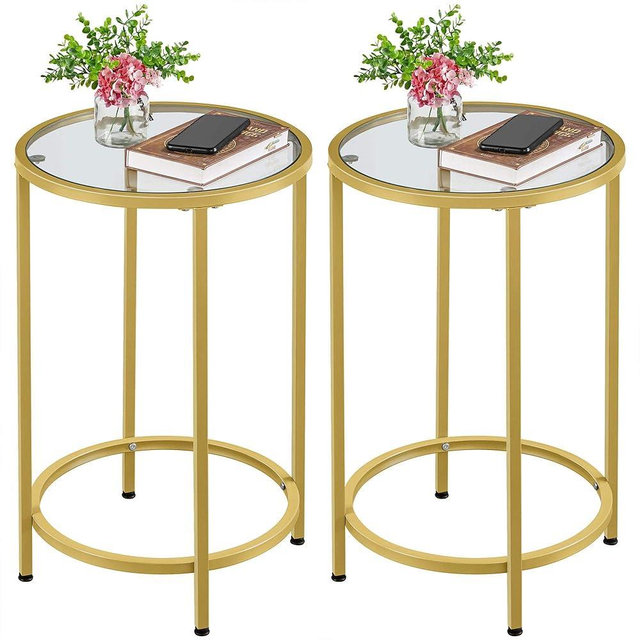 Yaheetech Gold Side Table Set of 2, Round End Tables Tall Nightstand Bedside Table Set w/Glass Top & Metal Frame for Living Room/Balcony/Bedroom/Small Space, Easy Assembly, Modern Style, Mustard Gold