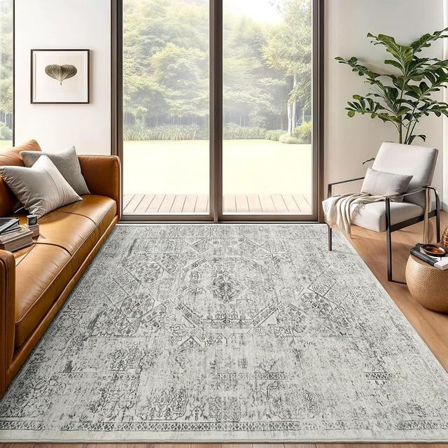 Soalmost 6x9 Area Rug for Living Room Floral Washable Non-Slip Gray Rugs for Bedroom Dinning Room Ultra-Thin Indoor Grey Rug