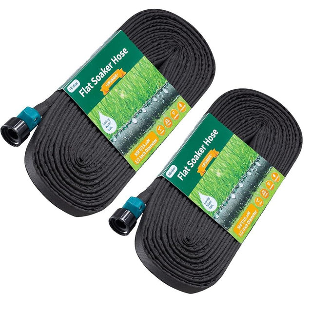 Hlinker Flat Soaker Hose 15 25 30 50 75 100 150 FT for Garden Beds, 100Ft 1/2" Linkable Consistent Drip Irrigation Hose Save 80% Water, Leakproof Heavy Duty Double Layer Sprinkler Hose