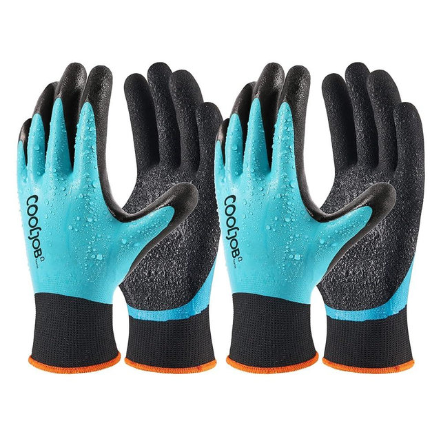 COOLJOB Waterproof Gardening Work Gloves Gifts for Women & Men, Double Rubber Coated Non-slip Working Gloves Bulk for Garden Yard Gardener Outdoor Construction Worker, Unisex Blue Large Size 2 Pairs