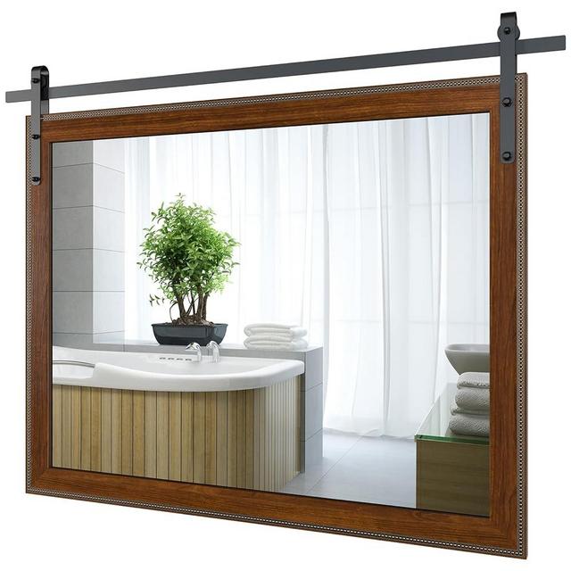 ROOMTEC Farmhouse Bathroom Mirror 38×30 inch Barn Door Mirror Rustic Wall Mirror Wood Frame Mirror for Bathroom, Entryway