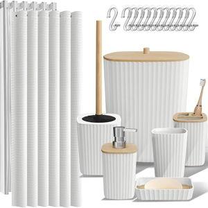 Clara Clark Bathroom Accessories Set - Bathroom Set, Bathroom Accessory Set, Shower Curtain Set, Toilet Brush, Trash Can & Soap Dispenser - White - 20PC