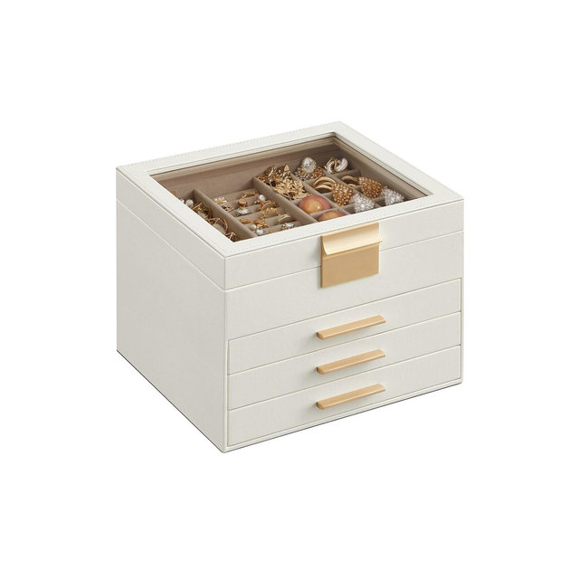 SONGMICS Jewelry Box with Glass Lid, 4-Layer Jewelry Organizer, 3 Drawers, for Big and Small Jewelry, Jewelry Storage,Cloud White and Gold Color