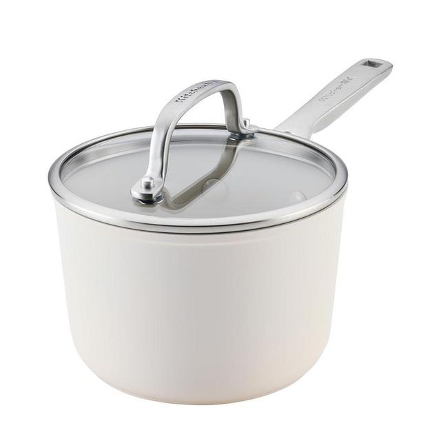 KitchenAid Hard Anodized Ceramic Induction Nonstick Cookware Saucepan with Lid, Dishwasher Safe, 2 Quart Non Stick Sauce Pan with Stainless Steel Handle - Porcelain White