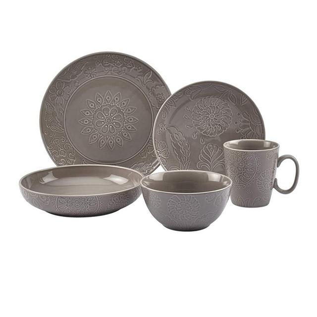 Tabletops Gallery Fashion Dinnerware Collection- Embossed Stoneware Dishes Service for 4 Dinner Salad Appitizer Dessert Plate Bowls, 20 Piece Sophia Dinnerware Set in Grey