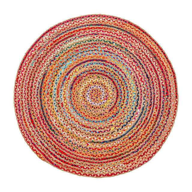 Hausattire Bohemian Braided Rug 3' Round - Multi Color, Small Farmhouse Jute Cotton Area Rag Rugs for Kids Bedroom, Playroom | Colorful Circle Hand Woven Cute Accent Mat