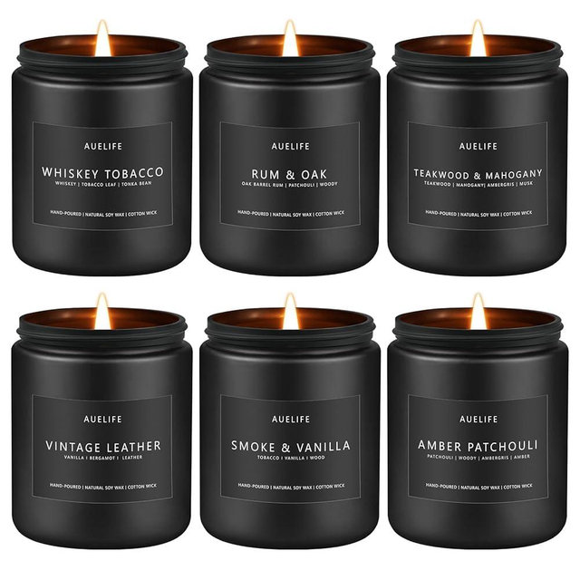 Scented Candles Set | Gifts for Men - 6Pack Candle Set - Masculine Candle, Soy Candles for Home Scented, Aromatherapy Gift - Fragrance of Smoke Vanilla/Leather/Mahogany/Tobacco/Oak/Amber Patchouli