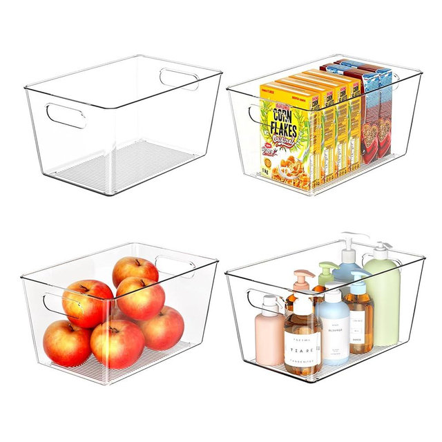 Joymeezo 4 Pack Clear Plastic Storage Bins, Pantry Organization and Storage Bins for Kitchen-Fridge Organizer, Pantry Storage Containers, Cabinet Organizers
