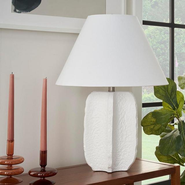 Nourison 25" White Textured Ceramic Plaster Table Lamp for Bedroom, Living Room, Console, End Table