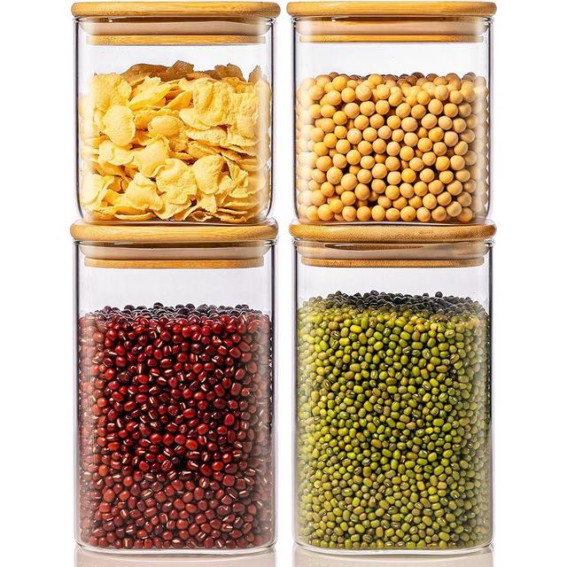 HomArtist Square Glass Jars with Bamboo Lids, 42oz x2 & 27oz x2 Glass Pantry Storage Containers with Lid, Glass Canisters with Airtight Lids, Glass Food Storage Containers for Flour Sugar Pasta Cereal