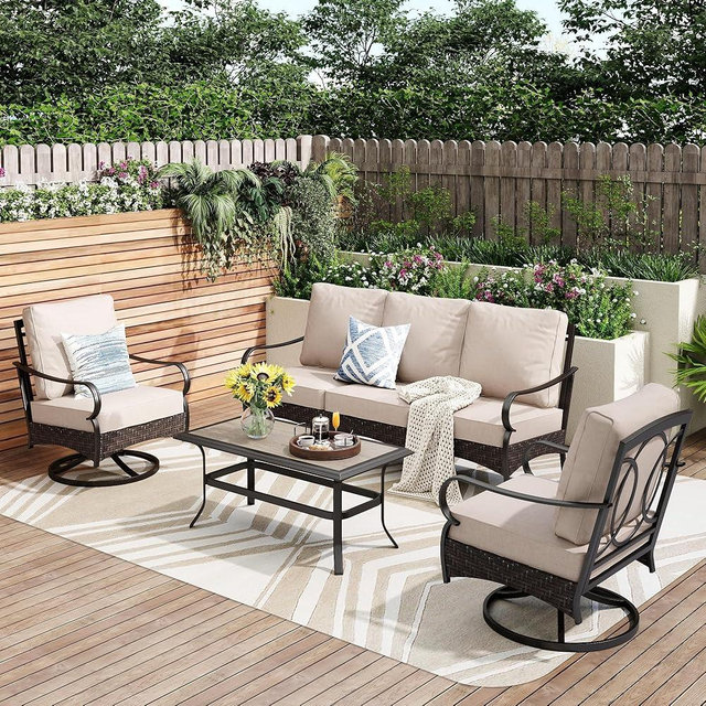PHI VILLA Outdoor Modern Patio Furniture Set, Upgraded Wicker & Metal Patio Furniture Conversation Set with Waterproof Thick Cushions for Porch, Poolside, Yard (4 Pieces,Beige)