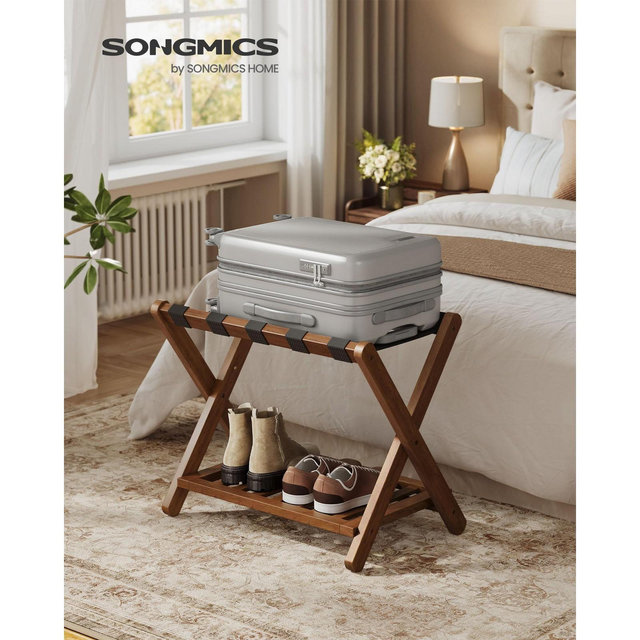 Solid Wood Luggage Rack - Foldable Suitcase Stand with Storage Shelf, No Assembly, 150 lb Capacity, Coffee Brown