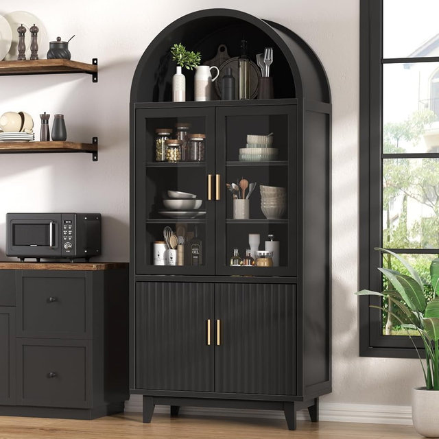 FiveWillowise Kitchen Pantry Cabinet with Glass Doors - Arched Design, Solid Wood Legs, Artistic Fluted Door, Adjustable Shelves, 70.8" Curved Storage Cabinet for Kitchen, Dining Room