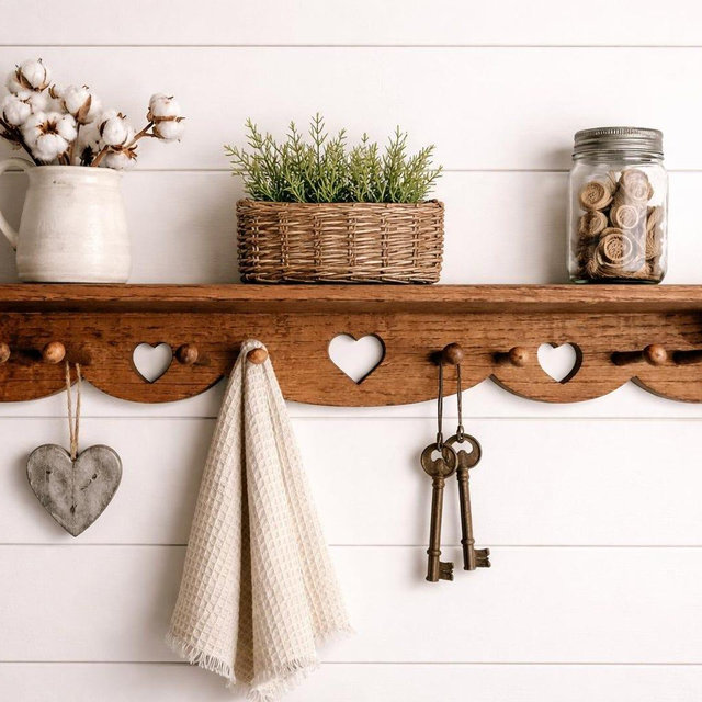 Farmhouse Wall Heart Shelf with Peg Hooks - Rustic Wooden Entryway or Mudroom Organizer, Nursery Decor, Coffee Station Decor