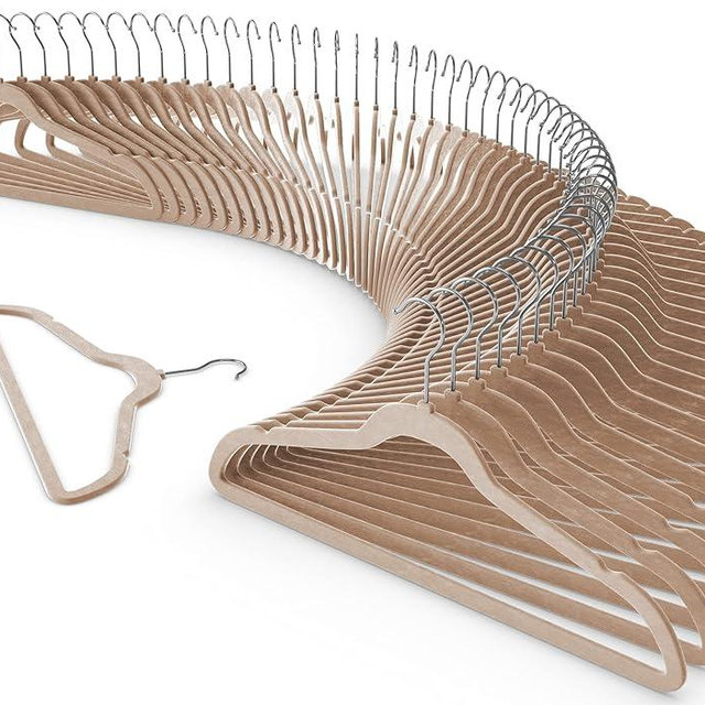 New Premium Quality Velvet Hanger (Set of 50) - Ultra -Thin No Slip Velvet Suit Hangers - Swivel Rose Gold Hooks, Stronger Than Standard Velvet Hangers - Space Saving Valvet Hanger (50, Warm Taupe)
