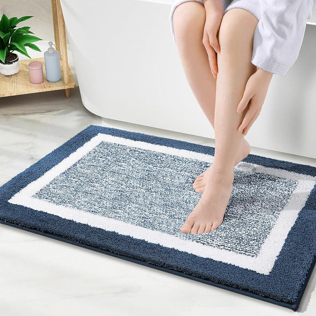 OLANLY Bathroom Rugs 24x16, Extra Soft and Absorbent Microfiber Bath Mat, Non-Slip, Machine Washable, Quick Dry Shaggy Bath Carpet, Suitable for Bathroom Floor, Tub, Shower (Navy and White)