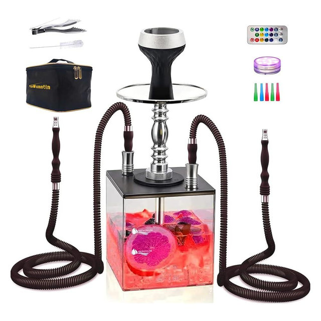 SunWamntin 2 Hose Large Hookah – Square Large Cloud Production Hookah Set with Everything, Easy Setup and Clean, Travel Shisha Kit with LED Base, Cleaning Brush and Portable Bag（Black）