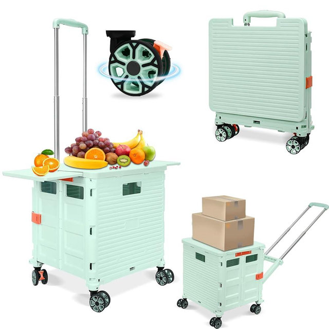 FELICON SELORSS Folding Utility Cart Rolling Crate Tote Basket Box Storage Handcart on 4 Swivel Wheels with Adjustable Handle Extended Magnetic Lid for Teacher Move Shop Travel Grocery Office(Green)