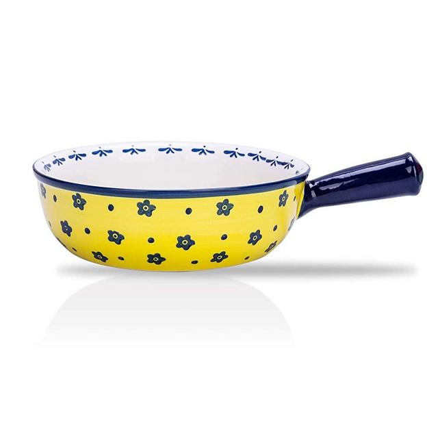 MDZF SWEET HOME Ceramic Baking Bowl with Handle French Onion Soup Bowl Roasting Lasagna Pan Round Bakeware Suitable for Oven, Yellow Flower
