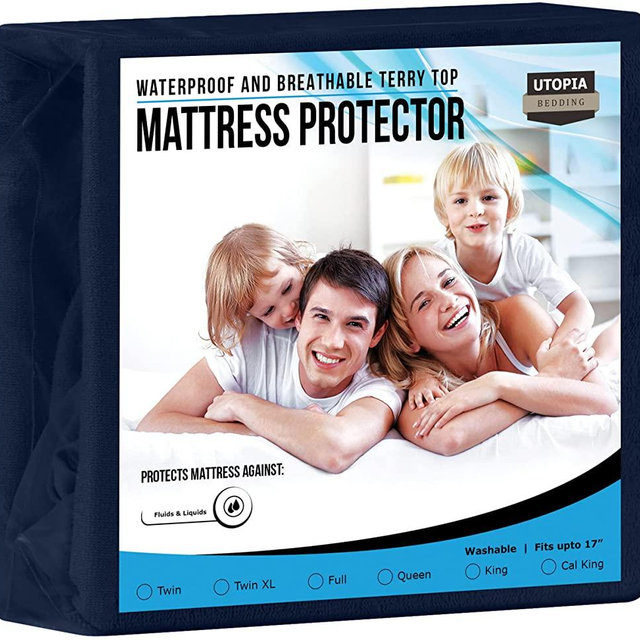 Utopia Bedding Premium Waterproof Terry Mattress Protector Queen 200 GSM, Mattress Cover, Breathable, Fitted Style with Stretchable Pockets (Navy)