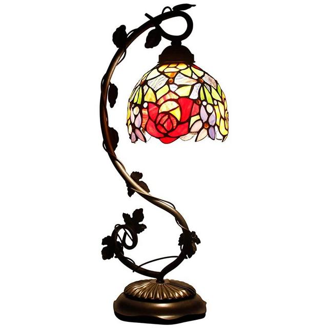 Tiffany Lamp Red Rose Style Stained Glass Table Lamps Wide 6 Inch Height 22 Inch for Lover Girlfriend Women Living Room Antique Desk Beside Bedroom S001 WERFACTORY