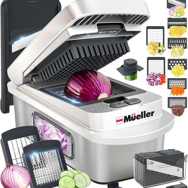 Mueller Pro-Series 10-in-1, 8 Blade Stainless Steel Multi Vegetable Chopper And Mandoline Slicer, Kitchen Accessories and Essentials, Food and Veggie Chopper, Mincer, Dicer, White Sand/Grey