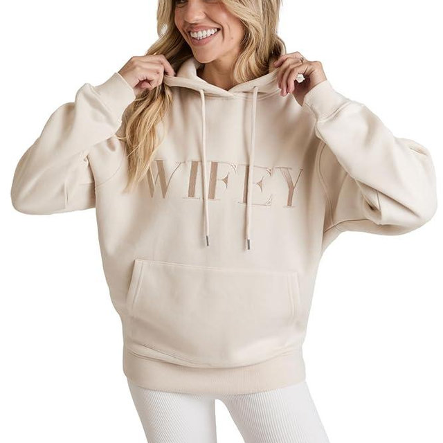 Six Stories Wifey Embroidered Hoodie Champagne, Newlywed Honeymoon Oversized Pullover, Wedding, Anniversary or Birthday Gift