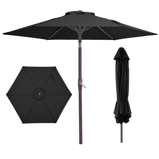 JEAREY 7.5FT Patio Umbrella Market Table Umbrella with 6 Sturdy Ribs, Push Button Tilt/Crank Outdoor Umbrella for Garden, Deck, Backyard,Dark Black