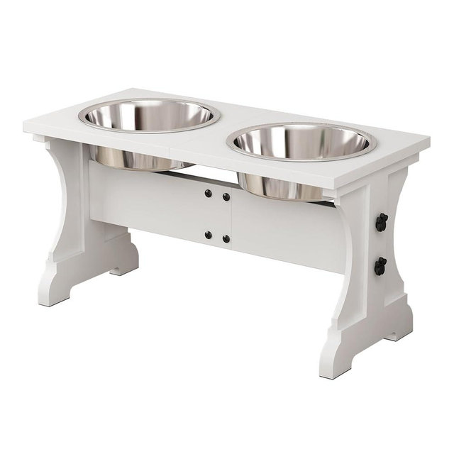Piskyet Elevated Dog Bowls,Farmhouse Dog Bowls Stand, Raised Dog Bowl with 2 Stainless Steel Wooden Dog Bowls,7 Cups 11''H_55 oz Bowl-White