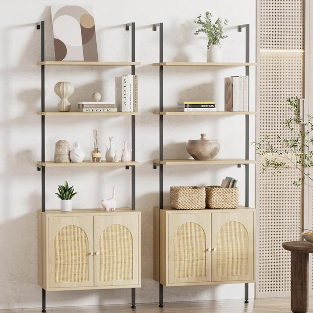 Set of 2, 3 Tier Ladder Bookshelf, Metal Frame, Oak