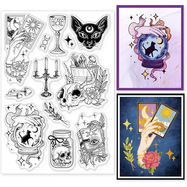 GLOBLELAND Witchcraft Magical Clear Stamps for DIY Scrapbooking Journals Decorative Cards Making Halloween Magic Cat Silicone Stamp Seals for Halloween Witch's Day