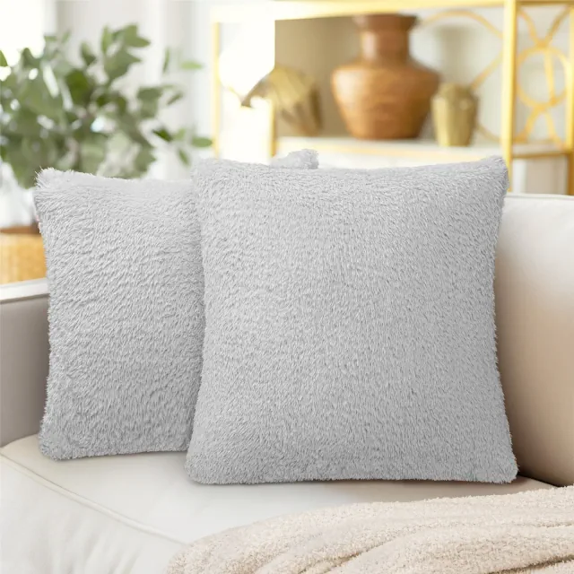 PAVILIA Set of 2 Fluffy Throw Pillow Covers, Decorative Faux Shearling Fur Square Cushion Accent for Bed Sofa Couch, Light Gray/20 x 20
