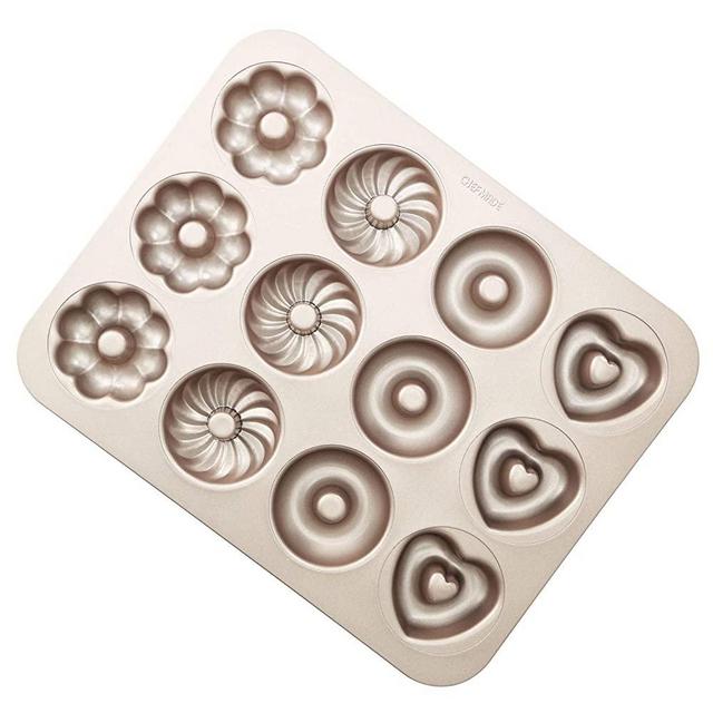 CHEFMADE Donut Mold Cake Pan, 12-Cavity Non-Stick Pattern Doughnut Bakeware for Oven Baking (Champagne Gold)