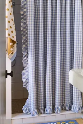 Cotton Printed Gingham Ruffle Shower Curtain