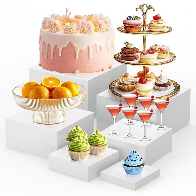Ngdiluxury 6Pcs Buffet Risers,Food Risers for Buffet Table Display Stand Shelf for Party Catering Desset Jewelry Collectibles Acrylic Cube Boxes Display Nesting Risers with Hollow Bottoms White