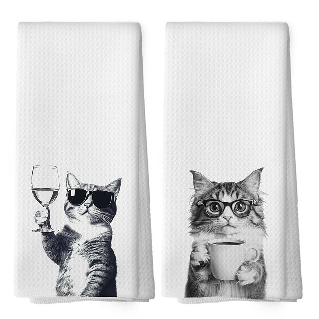 Mcehtle Funny Cat Kitchen Towels Set of 2, Funny Kitchen Decor, Coffee Station Wine Bar Decor, Black and White Cat Owner Gift Hand Towel, Dining Room Decorative Tea Towel Dish Towels 16x24 Inch