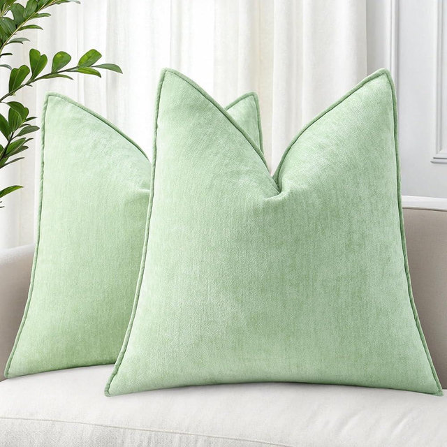 decorUhome Summer Couch Euro Sham Throw Pillow Covers 22x22 Set of 2, Decorative Soft Velvet Modern Cozy Chenille Pillow Cases with Elegant Design for Sofa Bed Living Room Home Decor, Sage Green