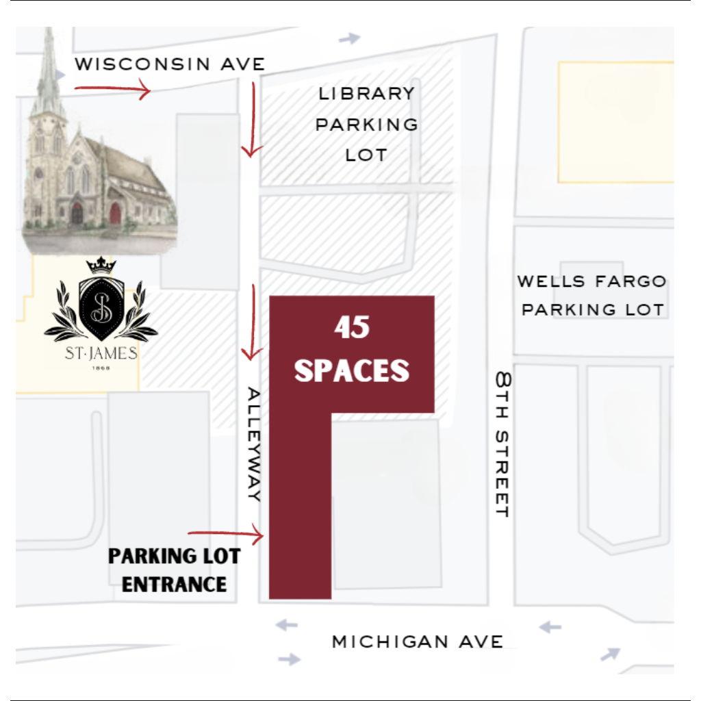 There will be free parking behind St. James 1868, The parking lot is available between 4:00 PM to 1:00 AM. Please do not park in the Library Parking lot right next to St. James, you will have to pay.