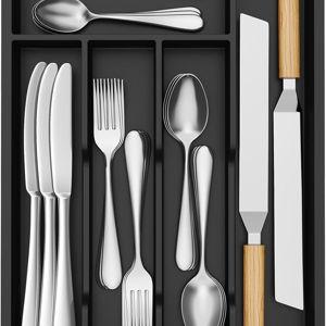 Lifewit Silverware Drawer Organizer Tray, Plastic Cutlery Storage for Kitchen, Flatware and Utensil Holder Divider for Spoons Forks Knives Tableware, 9.5 x 13.4", 5 Slots, Black