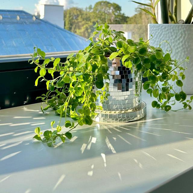 SCANDINORDICA Disco Ball Planter Pot 4.3" - Mirror Disco Ball Vase 0.3x0.3" Mirror Tiles, Ceramic Planter Pot with Drainage Hole and Saucer