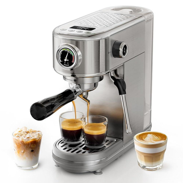 HiBREW H10B Programmable Espresso Machine, Brushed Stainless Steel, Adjustable Temperature and Cup Volume, Steam Wand for Milk Frother