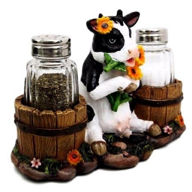 Ebros Gift Lovely Sunflower Cow with Old Milk Barrels Decorative Glass Salt and Pepper Shaker Set