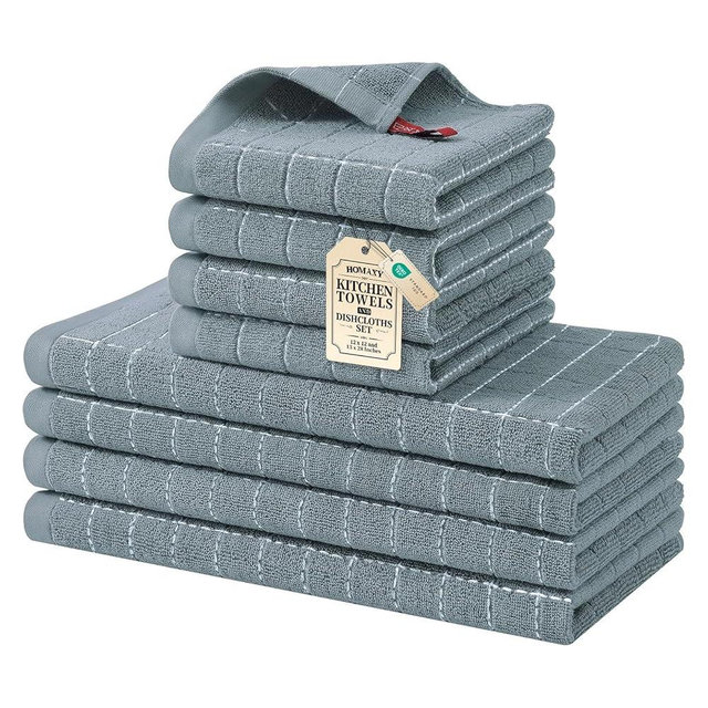 Homaxy Kitchen Towels and Dishcloths Set, 12 x 12 and 13 x 28 Inches, Set of 8 Bulk Cotton Terry Kitchen Towels Set, Checkered Designed, Soft and Super Absorbent Dish Cloths, Grey